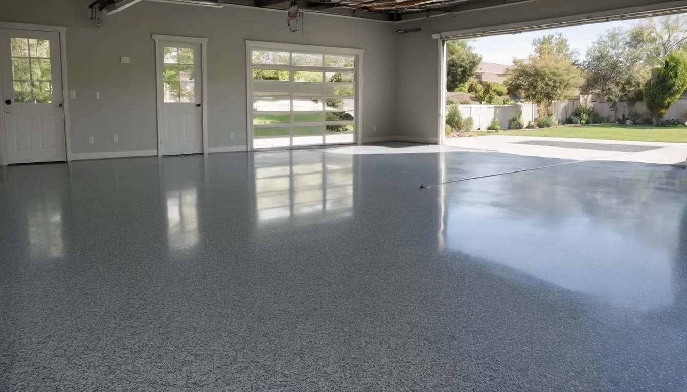 Freshly coated epoxy garage floor with colored flakes in a Whittier home garage